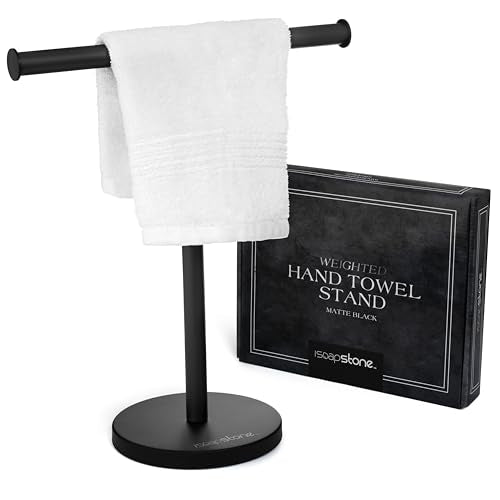 Luxury Hand Towel Holder Stand with Heavy Weighted Base, Matte Black Towel Rack, T-Shape, Freestanding Towel Stand for Bathroom Vanity or Kitchen Countertop, Waterproof Counter Organizer - color: Matte Black