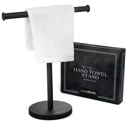 Luxury Hand Towel Holder Stand with Heavy Weighted Base, Matte Black Towel Rack, T-Shape, Freestanding Towel Stand for Bathroom Vanity or Kitchen Countertop, Waterproof Counter Organizer - color: Matte Black