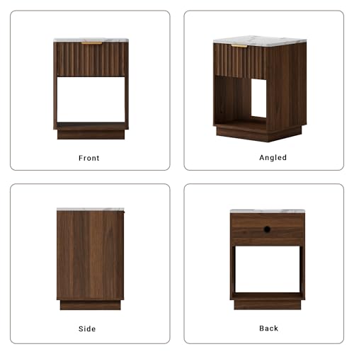Fluted Nightstand, Night Stand Set 2, Walnut Nightstands Set of 2 with Charging Station and Faux Marble Top, Modern End Table with Drawer & Open Shelf, Bedside Table for Bedroom Living Room - color: Walnut + Faux Marble Top, size: 1 Drawer（18"W）