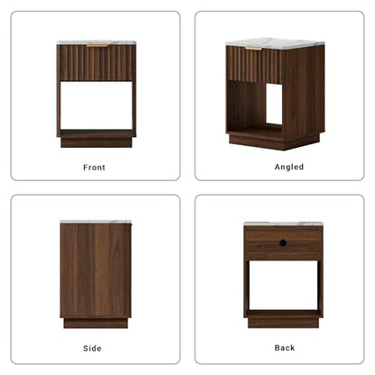 Fluted Nightstand, Night Stand Set 2, Walnut Nightstands Set of 2 with Charging Station and Faux Marble Top, Modern End Table with Drawer & Open Shelf, Bedside Table for Bedroom Living Room - color: Walnut + Faux Marble Top, size: 1 Drawer（18"W）