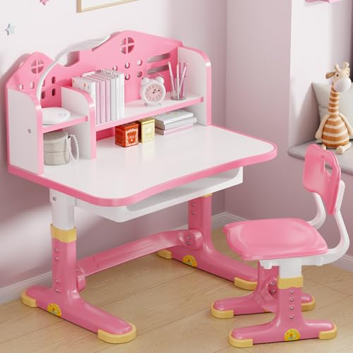 Kids Desk and Chair Set, Height Adjustable Child's School Study Writing Tables, Kids Desk with Bookstand and Storage Drawer, Widened Desktop with Desktop for Boys and Girls - color: Pink-a