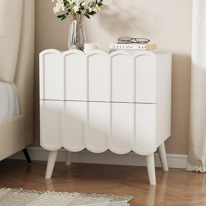 Modern Fluted Nightstand for Bedroom, White Wood Bedside Table | Wood End Side Table with Arch Curved Design, Night Stand with 2 Drawer - color: White, size: 1 Pack