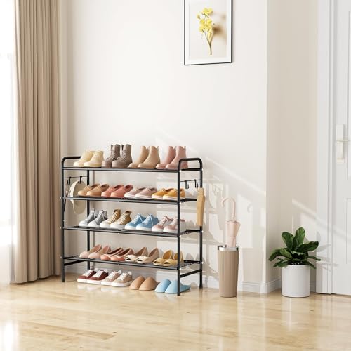 VILICK 4-Tier Shoe Rack 33" Wide Metal Shoe Organizer Long Shoe Storage with 4 Side Hooks Sturdy Shoes Shelf for Closet, Front Door Entrance, Garage, Dorm, Black - size: 4-Tier (11"x 33"x 30.5")