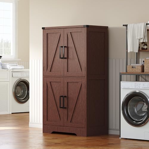 Treocho Bathroom Floor Cabinet, Farmhouse Bathroom Storage Cabinet with Doors and Adjustable Shelves, Freestanding Kitchen Pantry Cabinet, Cupboard for Living Room, Dining Room, Walnut - color: Walnut, size: 13.78"D x 23.62"W x 43.46"H