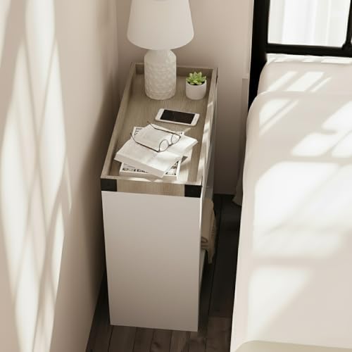 Farmhouse Narrow Side Table with Tray Top & Magazine Rack, Oak & White Sofa Couch Side Table with Storage Shelf, 24" Slim End Table for Small Spaces, Modern Nightstand for Bedroom, Living Room - color: White & Oak
