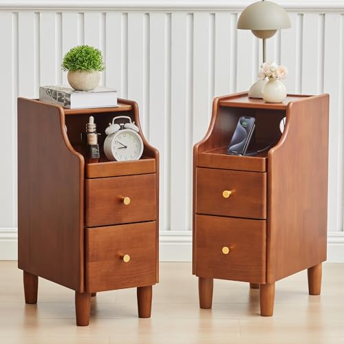Solid Wood Narrow Nightstand, Slim Bedside Table with 2 Drawers & Slide-Out Tray, Mid-Century Modern End Table Side Table for Bedroom, Living Room, Small Spaces (Walnut-2 Packs) - color: Walnut-2 Packs