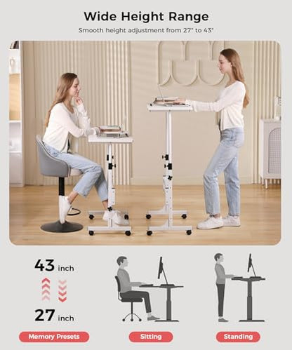 KLSMYHOKI Standing Desk Adjustable Height, Mobile Stand Up Desk with Wheels Small Computer Desk Rolling Desk, Portable Laptop Desk White Standing Table Home Office Desks 16"x31.5" Height 27"-43.5" | Small Computer Desk Rolling Desk, Portable Laptop Desk W