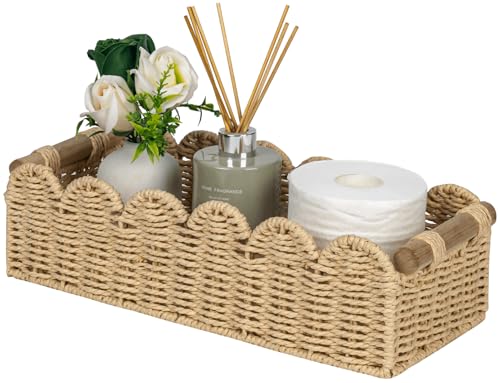 CubesLand Scalloped Toilet Paper Storage Basket W/Handle for Home Decor | Paper Rope Toilet Organizer Basket for Countertop, Over Toilet Shelf, End Table, Living Room Cozy Decorative & More, Beige - color: Beige, size: m - 14 X 6.3 X 3.9in
