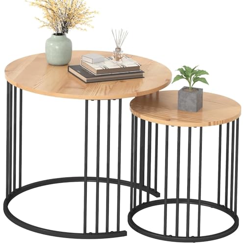 YORKING Nesting Coffee Table Set of 2, Round Table Set, Morden End Side Night Stand for Bedroom Dining Room （Wood） - color: Wood