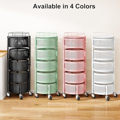 SAYZH Fruit Vegetable Basket for Kitchen, Rotating Storage Rack, 5 Tier Rolling Cart with top lid, Large Metal Wire Wheels, Pink - color: Pink