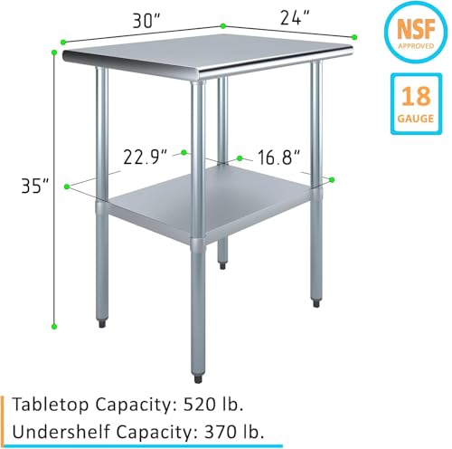 24" x 30" Stainless Steel Prep Table – NSF Certified Heavy Duty Work Table for Home & Commercial Use – Galvanized Undershelf & Legs - size: 30x24