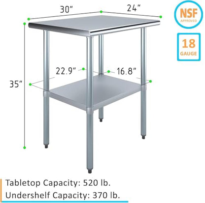 24" x 30" Stainless Steel Prep Table – NSF Certified Heavy Duty Work Table for Home & Commercial Use – Galvanized Undershelf & Legs - size: 30x24
