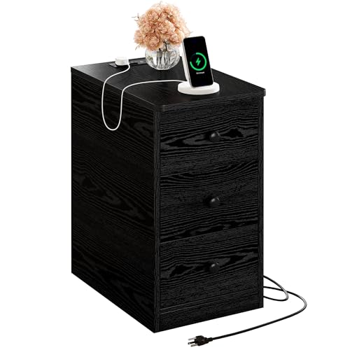 LIKIMIO Nightstand with Charging Station, 3 Drawers Modern for Bedroom - color: Black