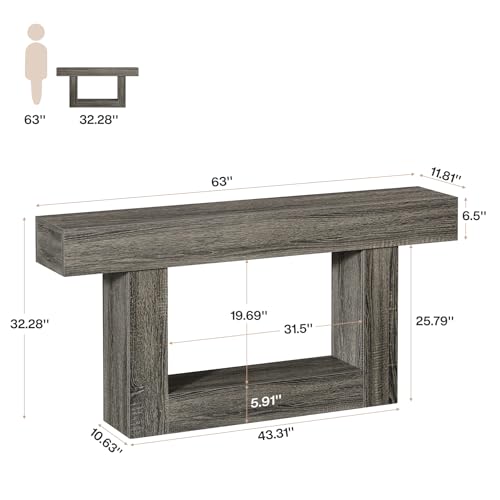 Tribesigns 63-Inch Long Console Table, 2-Tier Entryway Table Sofa Table with Storage, Farmhouse Wood Behind Couch Table for Living Room, Hallway, Rustic Gray - color: Rustic Gray