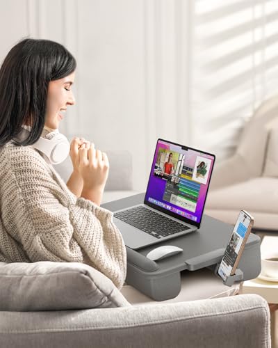 SAIJI Lap Desk with Cushion, Computer Laptop Stand, Lap Laptop Table | Built-in Drawer Storage, Phone Holder, Wrist Pad, Fits Up to 17" Laptops,Leather Surface, Lap Stand for Bed & Couch - color: Gray