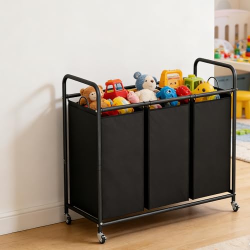 LINZINAR 3 Section Laundry Hamper, Black Laundry Basket 135L Laundry Sorter | Laundry Room Organization with Heavy Duty Rolling Lockable Wheels and Removable Bag, Bedroom Laundry Cart for Clothes Storage - size: 3 Bags Black