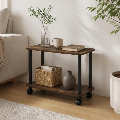 2-Tier Rectangle Sofa End Table with Wheels, Toolless Assembly Bedside Table, Round Corner Night Stand, Side Table with Open Shelf, for Bedroom, Living Room, Amber Pine - color: Amber Pine/Black, size: 2 Tier, Rectangle