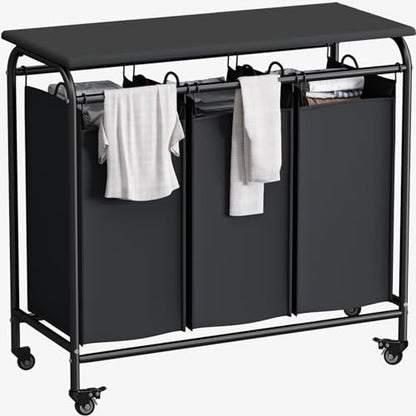 LINZINAR 3-Bag Laundry Hamper with Ironing Board, Black 135L Laundry Sorter | Laundry Room Organization with Heavy Duty Rolling Lockable Wheels and Removable Bag, Bedroom Laundry Cart for Clothes Storage - size: 3 Bags Black with Board