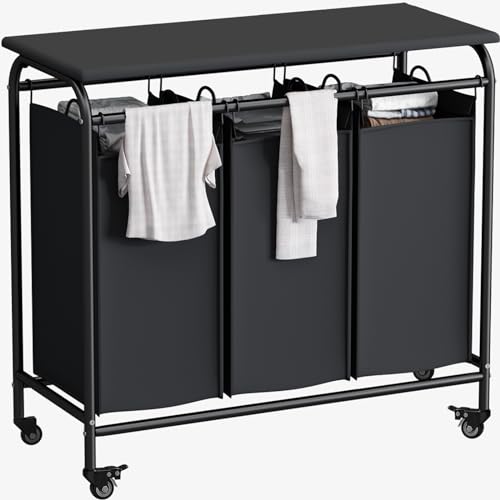 LINZINAR 3-Bag Laundry Hamper with Ironing Board, Black 135L Laundry Sorter | Laundry Room Organization with Heavy Duty Rolling Lockable Wheels and Removable Bag, Bedroom Laundry Cart for Clothes Storage - size: 3 Bags Black with Board