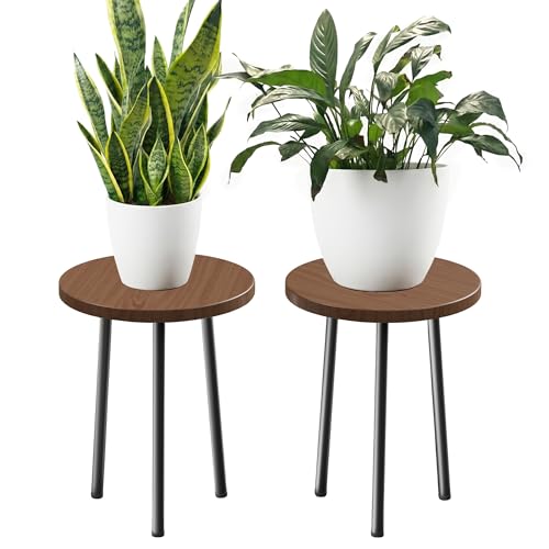 Plant Stand Indoor 2 Pack: Plant Table 14'' Wood & Metel Plant Stool | Mid Century Modern Indoor Plant Stand for Bedroom/Living Room/Patio/Garden - color: Walnut, size: 14"&14"