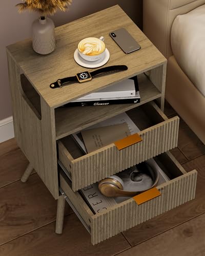 Leomonio Grey Nightstand,Modern Bedside Table with 2 Storage Drawer and Open Wood Shelf, for Bedroom and Small Spaces,Night Stand with Solid Wood Legs,Grey Oak - color: Grey Oak