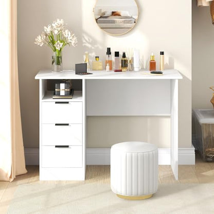 White Computer Desk with Charging Station, Home Office Desks with 3 Drawers & Open Storage Shelf, Modern Makeup Vanity for Bedroom, Wooden Study Writing Table Workstation