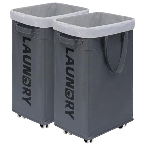 CHICVITA 75L Rolling Laundry Basket with Wheels 2-Pack, Wash Bags, Grey | Foldable slim-design laundry baskets for corner dorms. Large capacity with removable wash bags - color: Grey, size: 2-Pack 75L (15.7"L x 11.8"W x 24.8"H)