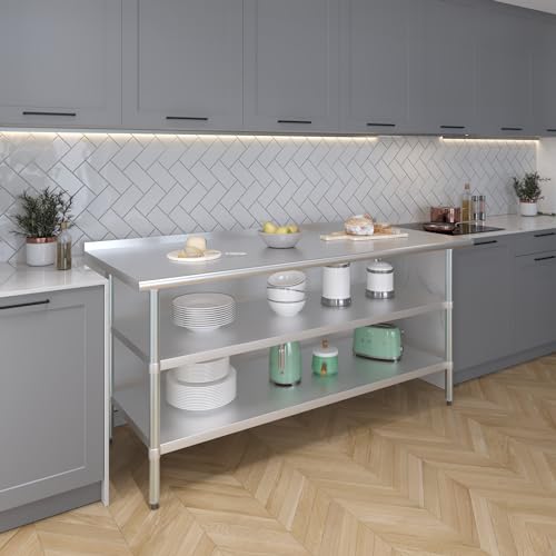 AmGood Stainless Steel Work Table with 1.5" Backsplash and 2 Shelves | Metal Kitchen Food Prep Table | NSF (72" Long x 30" Deep) - size: 72" Long x 30" Deep