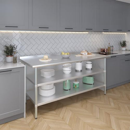 AmGood Stainless Steel Work Table with 1.5" Backsplash and 2 Shelves | Metal Kitchen Food Prep Table | NSF (72" Long x 30" Deep) - size: 72" Long x 30" Deep
