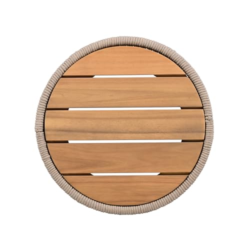 Christopher Knight Home Peyz Acacia Wood Outdoor Side Table Set of 2 with Woven Rope Design, Patio Round Coffee Table Set with Small Side Desk, Functionality Stylish 2 Tables for Garden, Teak + Beige