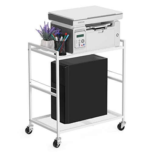 OYEAL Computer Tower Stand, PC Tower Stand Metal Rolling Cart Holds up to 40lbs, 2 Tier Mobile Printer Stand with Storage Under Desk for Home & Office, White - color: White