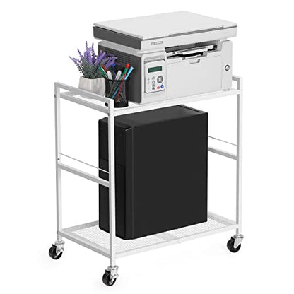 OYEAL Computer Tower Stand, PC Tower Stand Metal Rolling Cart Holds up to 40lbs, 2 Tier Mobile Printer Stand with Storage Under Desk for Home & Office, White - color: White