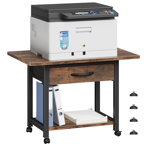 YAOHUOO 22"x15" Large Printer Stand with Drawer, 2-Tier Rolling Table Cart | Under Desk Printer Table,Storage Fabric Drawer,Fit printer/fax/3d/scanner,4 Lock Wheels or Feet,For Home Office Dorms,Brown - color: Rustic Brown, size: 2-Tier