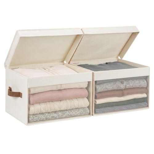 StorageWorks Fabric Storage Bins with Lids, Large Closet Storage Bins | Flip-Top Lid, Clear Window, Handles, Collapsible, for Clothes Blankets Books, Closet Box, Ivory White, 2-Pack - color: Ivory White(window), size: Large