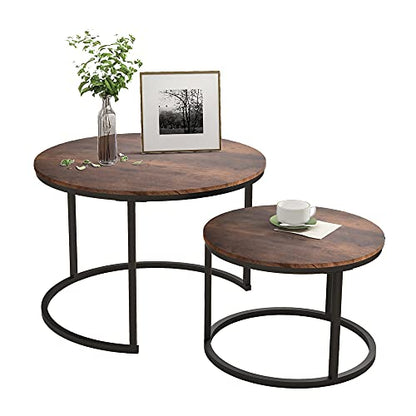 HOJINLINERO Round Coffee Table,Nesting Coffee Table Set of 2,Rustic Brown | Center Table for Living Room,Small Apartment,Small Space,Stacking Side Tables,Wood Tabletop,Sturdy and Easy Assembly,Large - color: Brown, size: Large