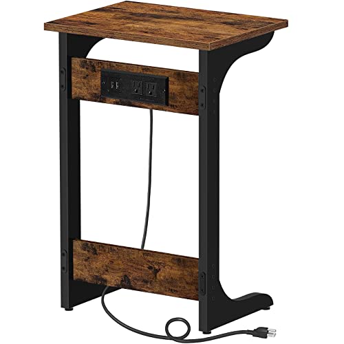 TUTOTAK C Shaped End Table with Charging Station, Side Table, Couch Table for Small Spaces, Tv Tray Table with 2 USB Ports and Outlets, Living Room, Bedroom V1TB01BB044 - color: Brown, size: 1 pc, style: Ordinary