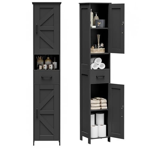 Homhedy 67" H Tall Bathroom Storage Cabinet with 2 Barn Doors and 1 Drawer, Narrow Storage Unit, Adjustable Shelves, Floor Cabinet for Bathroom, Living Room, Entryway, Kitchen, Black, (11.8" W) - color: Black, size: 11.8"W