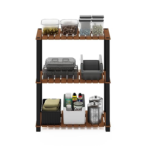 Furinno Pangkor 3-Tier Turn-N-Tube Indoor Outdoor Plant Shelf Wood Stand with Square Poles, Natural/Black - style: 3-Tier Rectangle