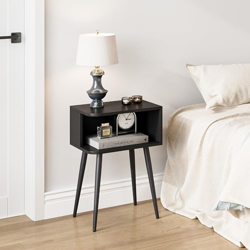 Black Nightstand Set of 2, Small Bed Side Table for Small Spaces, Mid Century Modern Nightstand End Table with Open Storage, Side Table for Bedroom Living Room, MLBZ20B-2 - color: Black
