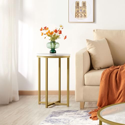 Yaheetech Round End Table Set of 2, 16 in Faux Marble Accent Table, Modern Side Table with Marble Top and Metal Frame, Coffee Table Telephone Table for Living Room/Small Space, Gold - color: Gold