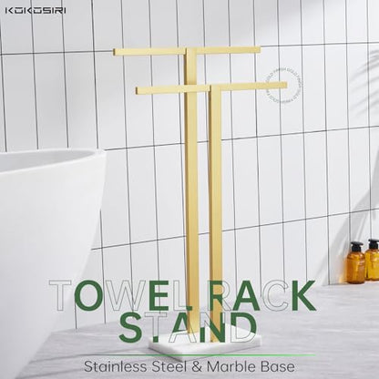 KOKOSIRI Bathroom Towel Rack 2-Tier Standing Towel Bars with Marble Base, Stainless Steel Freestanding Towels Holder, Thicken Steady Design, Brushed Gold THS0003-BG - color: Brushed Gold