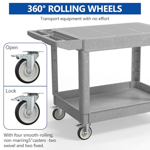 Large Garage Flat Top Utility Cart, Heavy Duty 2 Shelf Tool Cart Service Cart Rolling Push Carts with Ergonomic Handle 5" Swivel Casters. - color: Gray, size: 46 x 25 Inch