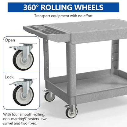 Large Garage Flat Top Utility Cart, Heavy Duty 2 Shelf Tool Cart Service Cart Rolling Push Carts with Ergonomic Handle 5" Swivel Casters. - color: Gray, size: 46 x 25 Inch