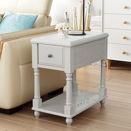 Narrow End Table with Drawer and Open Storage Shelf, Solid Wood Sofa Side Table for Living Room, Beside Table,Telephone Table for Small Spaces,No-Tools Assembly Vintage White BBJ004RW - color: Vintage White