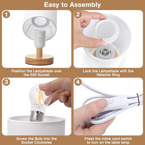 Fenmzee Small Table Lamp for Bedroom - Inline Control, Bedside Lamp with 3000K A15 LED Blub, Easy Assembly (White Shade - Wood Base, 9" Inline Control) - color: White Shade - Wood Base