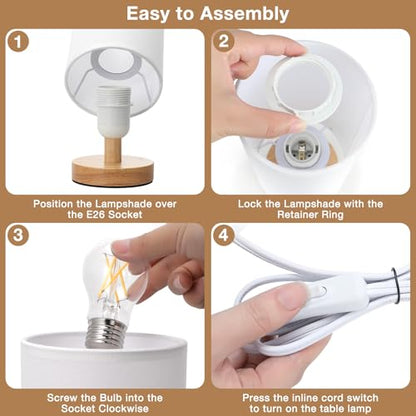 Fenmzee Small Table Lamp for Bedroom - Inline Control, Bedside Lamp with 3000K A15 LED Blub, Easy Assembly (White Shade - Wood Base, 9" Inline Control) - color: White Shade - Wood Base