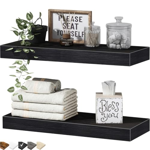QEEIG Bathroom Floating Shelves for Wall - 15.7" Wall Mounted Shelf Over Toilet Farmhouse Home Decor Display Bookshelf Small 15.7 x 6.7 inch Set of 2, Black (008-40B) - color: B. Black, size: 15.7"