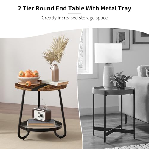 2 Tier Coffee Table in Living Room, Industrial Style Round Coffee Table with Metal Tray, Wood Small Outdoor Coffee Table for Bedroom Balcony Patio, Rustic Brown - color: Rustic Brown