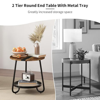 2 Tier Coffee Table in Living Room, Industrial Style Round Coffee Table with Metal Tray, Wood Small Outdoor Coffee Table for Bedroom Balcony Patio, Rustic Brown - color: Rustic Brown
