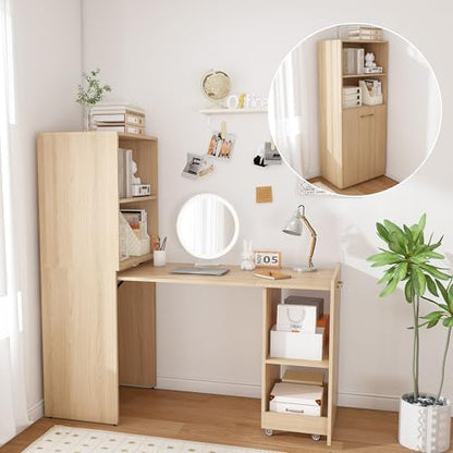 Folding Out Desk with Storage Shelves, Expandable Hidden Computer Desk, Foldable Space-Saving Pull Out Murphy Table, Writing Table with Wheels for Home Office Bedroom Small Spaces (Natural Wood.) - color: Natural Wood.